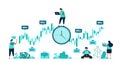 Vector illustration of timing of investment. the right time to buy and sell stocks to make a big profit. women and men workers.