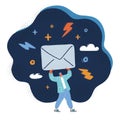 Vector illustration of Tiny person holding big closed envelope. Concept of email message sending and receiving. Man Royalty Free Stock Photo