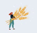 Vector illustration of tiny woman holding big giant ripe sheaf of wheat ears in her hands Royalty Free Stock Photo