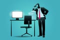 Vector illustration of tired businessman standing in computer desk with stack of paper work Royalty Free Stock Photo