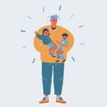 Vector illustration of tired father carrying a crying children. Two kids. Son and daughter. Man hold boy and girl.