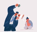 Vector illustration of Tired frustrated wife and despot husband with megaphone arguing blaming upset woman of problems