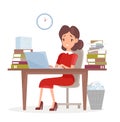 Vector illustration of tired and sed business woman or an accountant in a suit, working on a laptop computer at her Royalty Free Stock Photo