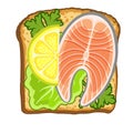 Vector illustration of toast with a piece of salmon and lettuce. Healthy food for breakfast