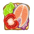 Vector illustration of toast with a piece of salmon and lettuce and tomato. Healthy food for breakfast