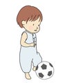 Vector illustration of toddler trying to kick football soft toy. Little kid playing ball. Early childhood development activity Royalty Free Stock Photo