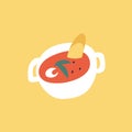 Vector illustration of tomato soup in a bowl with piece of toast and creamy sauce and spices.