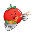 vector illustration of tomatoes eating bowl noodles with chopsticks