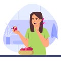 Vector illustration of toothache. Cartoon scene with a girl who ate an apple and got a toothache and points of pain on white