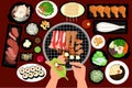Vector illustration on top vie korean food and Bbq Grilled Pork, onion Royalty Free Stock Photo