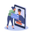 Vector illustration on the topic of online fraud. on the smartphone screen - a fraudster. he tries to take the woman`s bank card.