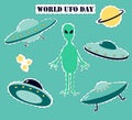 Vector illustration on the topic of ufology: ufo, alien, star, planet. Figure made in the form of stickers.