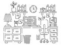 Vector illustration of torn line table with computer. Outline dash style.