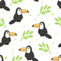 Vector illustration toucan and Tropical floral summer seamless background pattern.