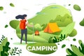 Vector illustration - tourist girl, camp, bonfire