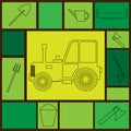 Vector illustration tractor painted with outline black lines on a yellow background surrounded by agricultural tools located on co