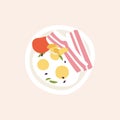 Vector illustration of traditional breakfast - bacon with eggs, tomato and beans
