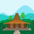 Vector illustration of a traditional house rumah joglo from Central Java indonesia with bird cage and country side theme