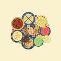 Vector illustration of traditional mexican food. Mexican cuisine. Tacos, tortilla, quesadilla, fajitas, nachos