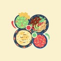 Vector illustration of traditional mexican food. Mexican cuisine. Tortilla, fajitas, nachos, guacamole, salsa. Hand Royalty Free Stock Photo