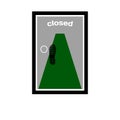 Vector illustration of a transparent door closing green carpet and trail shoes on the door