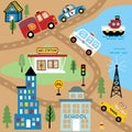 Vector illustration of transportations cartoon in a city, cityscape elements cartoon