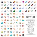 Vector illustration of trasn, garbage, transport, transportation toys theater icon set. Royalty Free Stock Photo