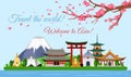 Vector illustration travel concept of Asia traveling, poster with famous Asian buildings, attractions, mountain, ancient