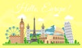 Vector illustration of travel concept. Hello Europe, welcome. Worldwide traveling. Most famous european historical