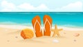Vector illustration of a travel postcard, flyer, beach, sea, shells and composition of footwear