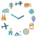 Travel time. Activities icons in a watch sphere with hours.