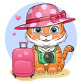 Cute cartoon tiger in pink hat with camera and luggage.