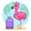 Cute cartoon pink flamingo with luggage.