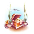 Vector illustration of treasure chest in ocean Royalty Free Stock Photo