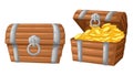 Vector illustration. treasure of gold coins on dark background Wooden Chest set for game interface money coin