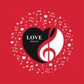 Love music red banner with treble clef inside the heart shape