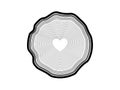 Vector illustration of tree annual rings with heart in the middle in black and white silhouette.