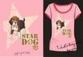 Vector illustration of trendy sketch women`s short sleeve shirt with stylish print with inscription, little fashion dog.