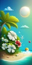 Vector illustration of a tropical beach with palm trees and hibiscus flowers Royalty Free Stock Photo