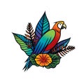 Vector illustration of a tropical bird, tropical flowers and Leaves. Royalty Free Stock Photo