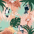 Tropical floral summer seamless color background pattern palm leaves, birds Royalty Free Stock Photo