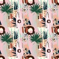 Tropical floral summer seamless color background pattern palm leaves, birds Royalty Free Stock Photo