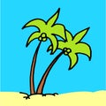 Vector illustration of tropical island with thin black outline palm tree. hand drawn vector.