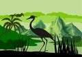 Vector illustration of tropical lake with mountains, trees and ibis in jungle rainforest wetland