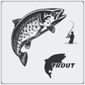 Vector illustration of a trout fish and fishing design elements. Royalty Free Stock Photo