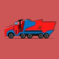 Vector illustration of a truck for transporting garbage of red and blue on five wheels on a red background