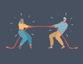 Vector illustration of tug of war people on dark background. Man and woman with rope. Royalty Free Stock Photo