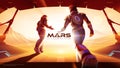 Two astronauts are walking out from the spaceship to the outside on Mars, ready for the greatest exploration