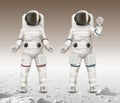 Vector illustration of two astronauts wearing space suits and walk exploring mars on moon Royalty Free Stock Photo