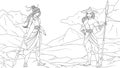 Vector illustration, two beautiful female warriors preparing for a duel on the rocks Royalty Free Stock Photo